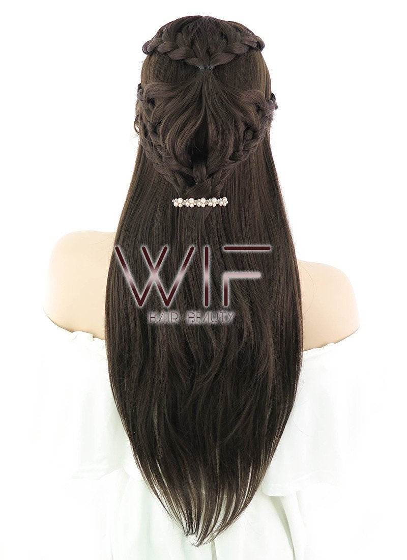 24" Long Dark Brown Braided Lace Front Synthetic Hair Wig LF2033