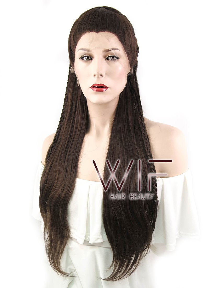 26" Wavy Dark Brown Braided Lace Front Synthetic Wig LF2040