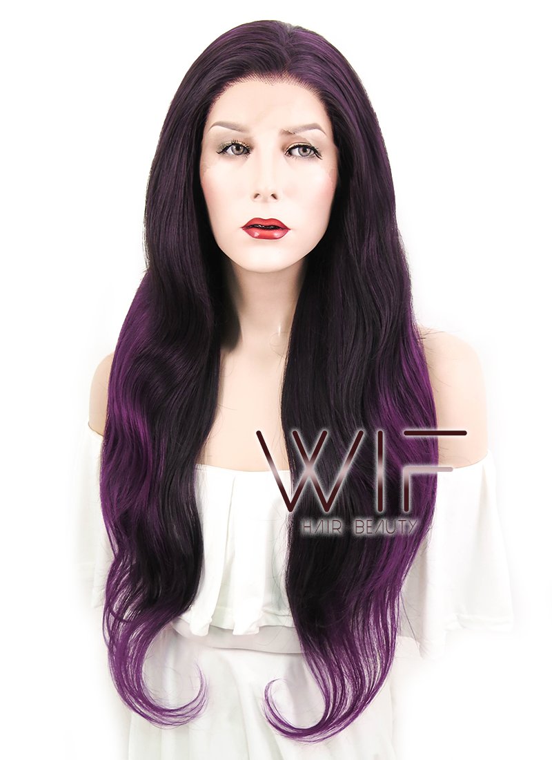 26" Wavy Dark Brown Mixed Purple Lace Front Synthetic Wig LF204