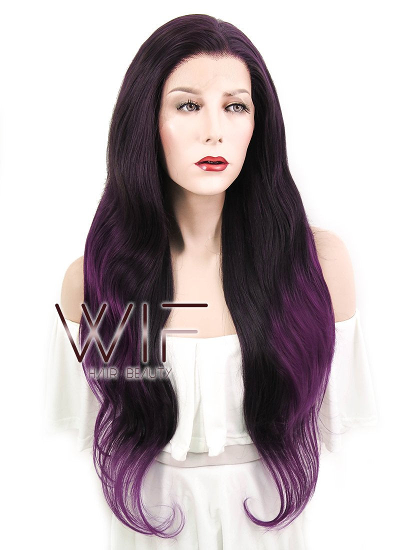 26" Wavy Dark Brown Mixed Purple Lace Front Synthetic Wig LF204