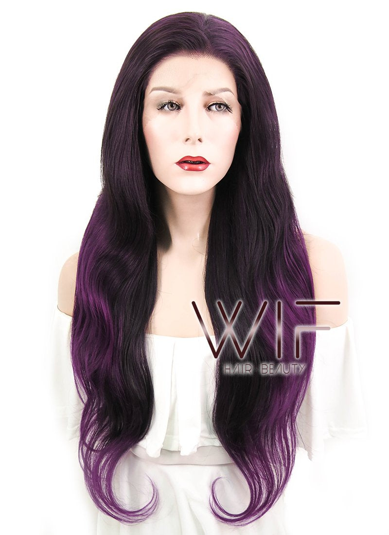 26" Wavy Dark Brown Mixed Purple Lace Front Synthetic Wig LF204
