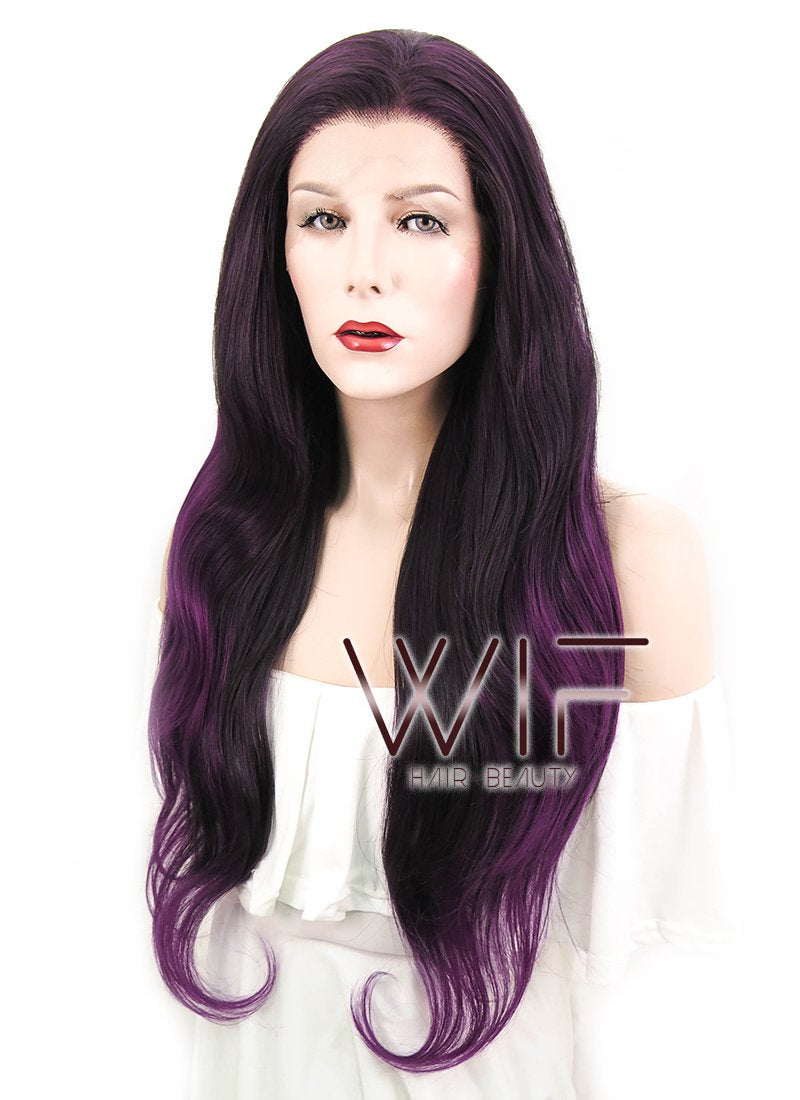 26" Wavy Dark Brown Mixed Purple Lace Front Synthetic Wig LF204