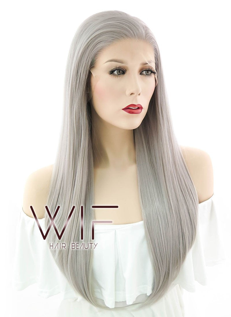 24" Straight Grey Blonde Lace Front Synthetic Wig LF238