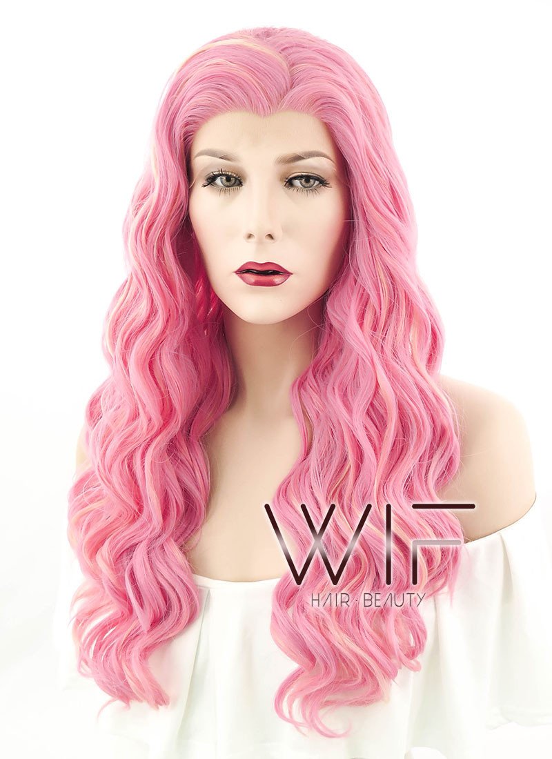24" Wavy Pink Mixed Blonde Lace Front Synthetic Wig LF239