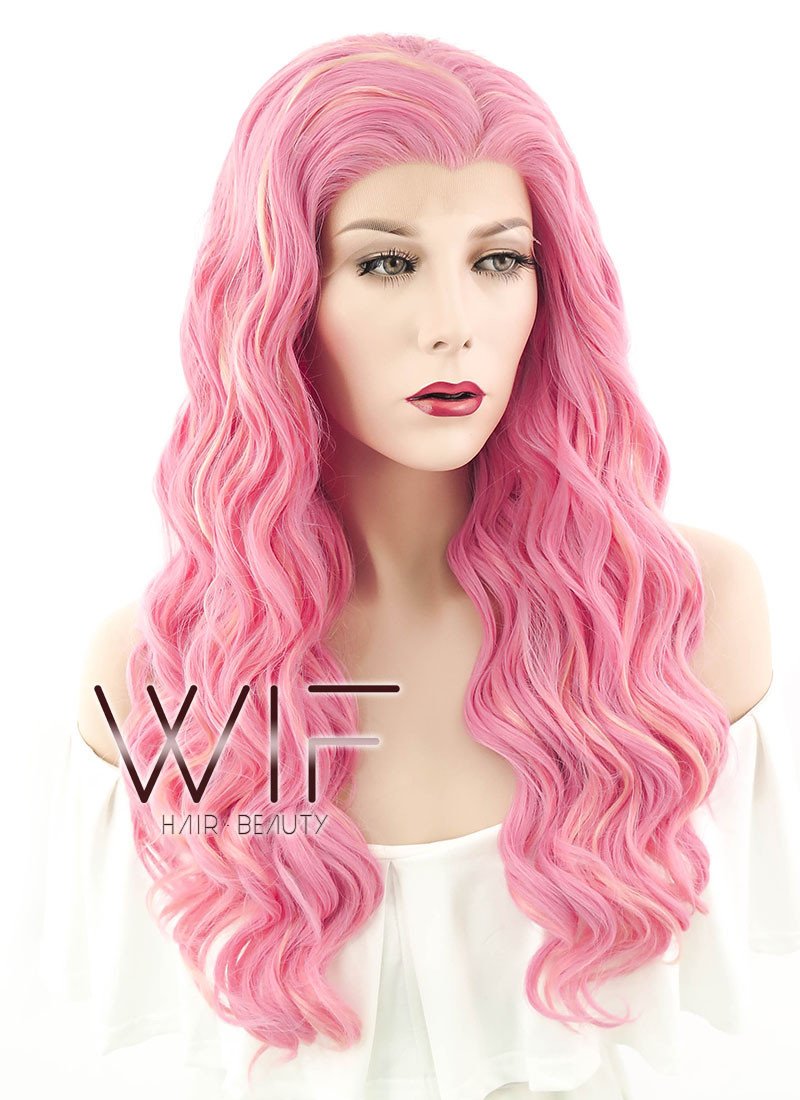 24" Wavy Pink Mixed Blonde Lace Front Synthetic Wig LF239