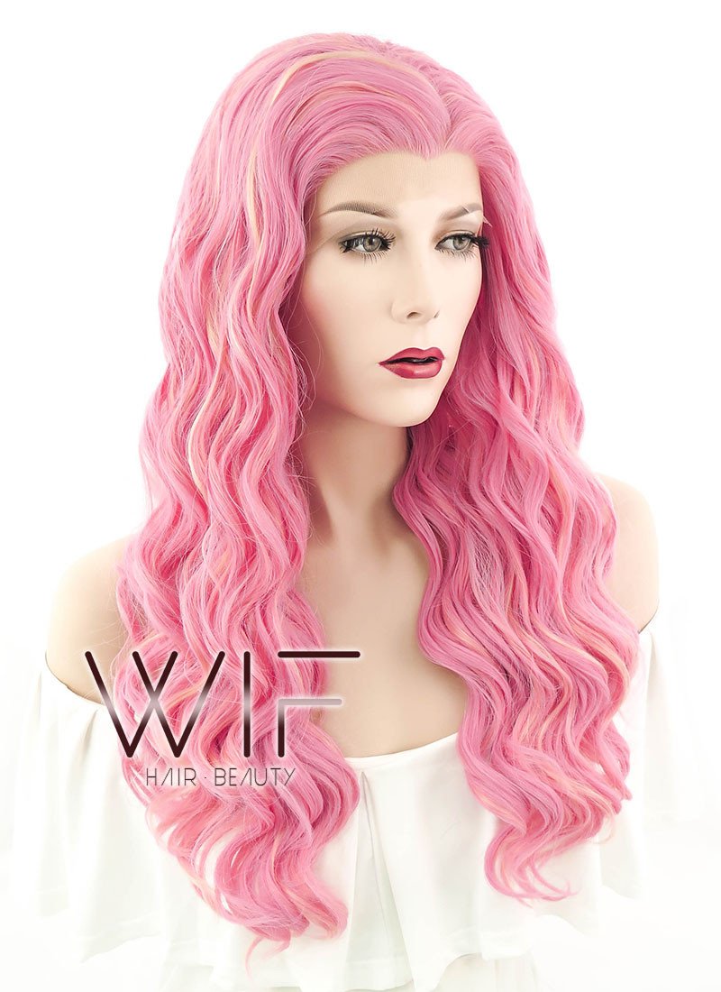 24" Wavy Pink Mixed Blonde Lace Front Synthetic Wig LF239