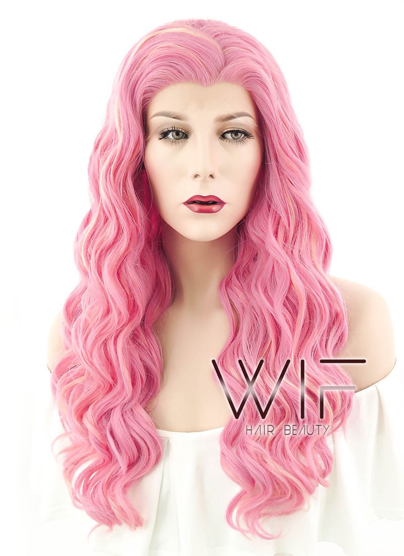 24" Wavy Pink Mixed Blonde Lace Front Synthetic Wig LF239