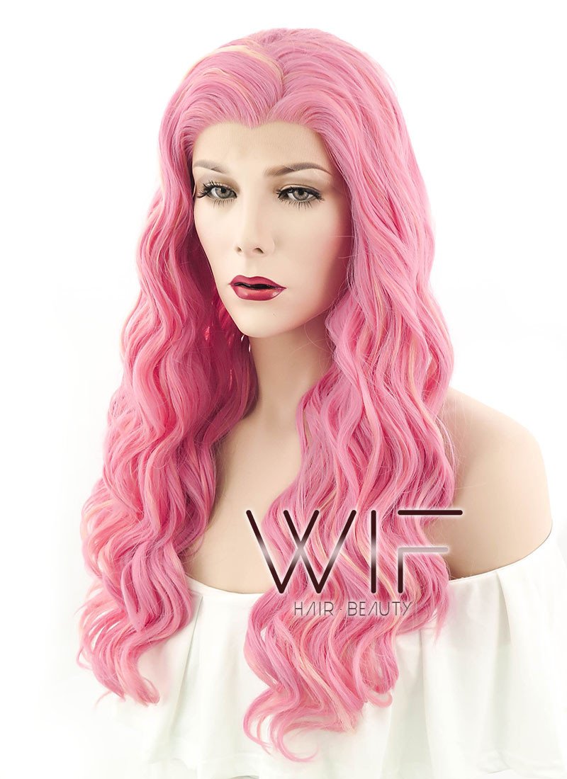 24" Wavy Pink Mixed Blonde Lace Front Synthetic Wig LF239