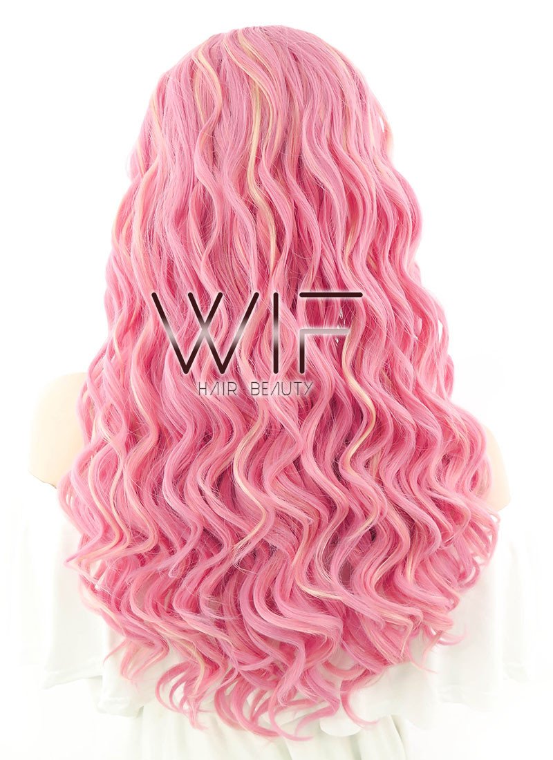 24" Wavy Pink Mixed Blonde Lace Front Synthetic Wig LF239