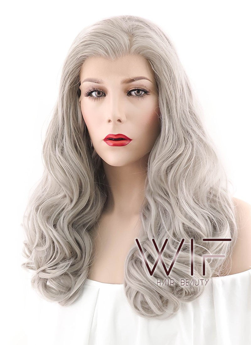 24" Wavy Blondish Grey Lace Front Synthetic Wig LF289