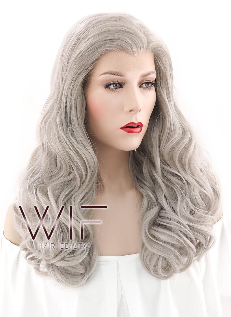 24" Wavy Blondish Grey Lace Front Synthetic Wig LF289