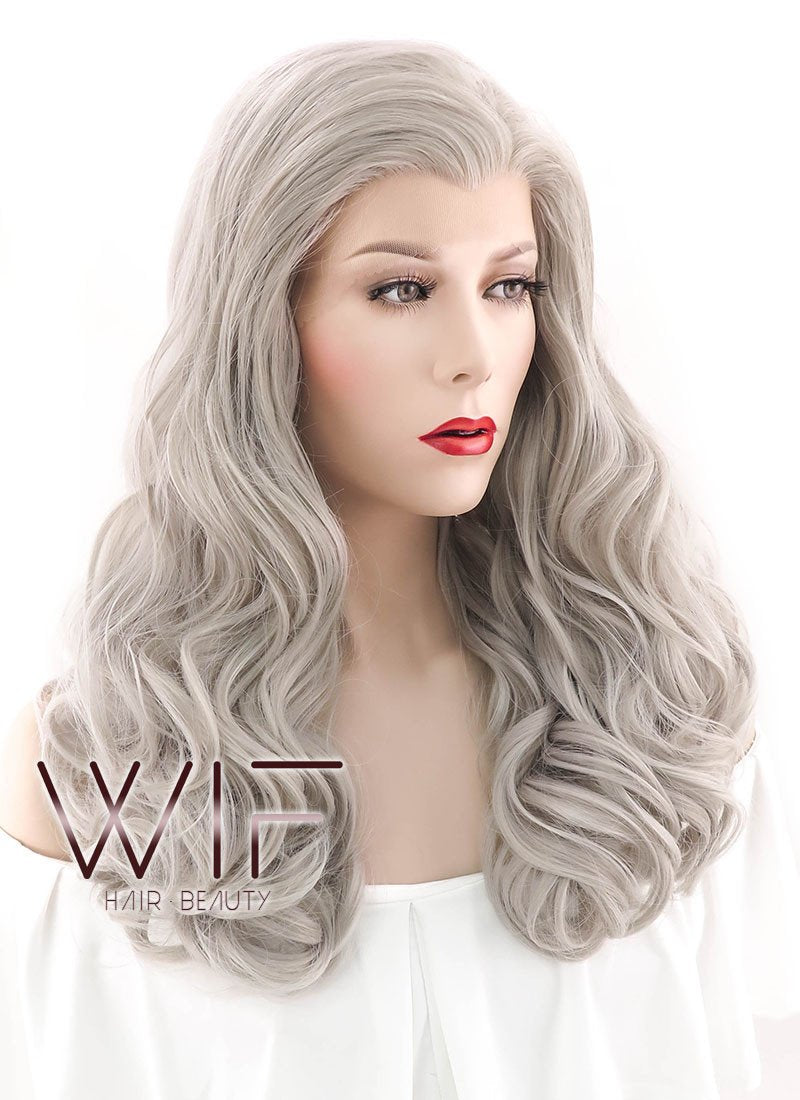 24" Wavy Blondish Grey Lace Front Synthetic Wig LF289