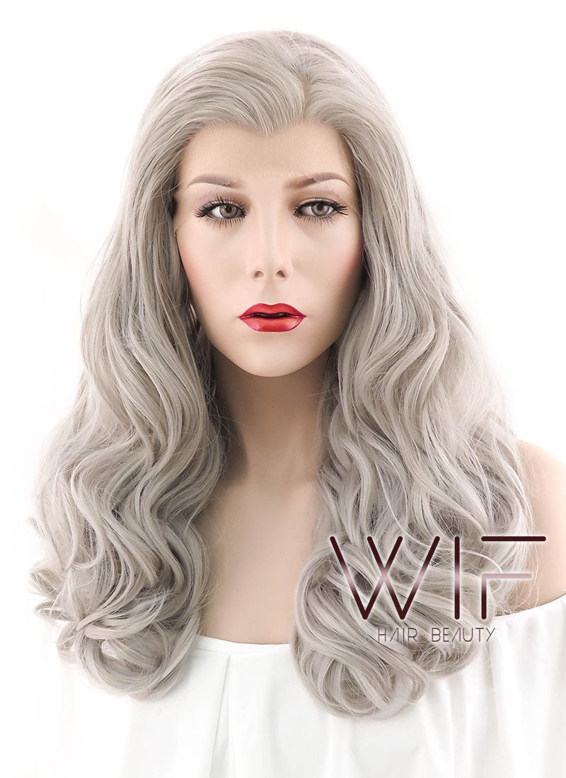 24" Wavy Blondish Grey Lace Front Synthetic Wig LF289