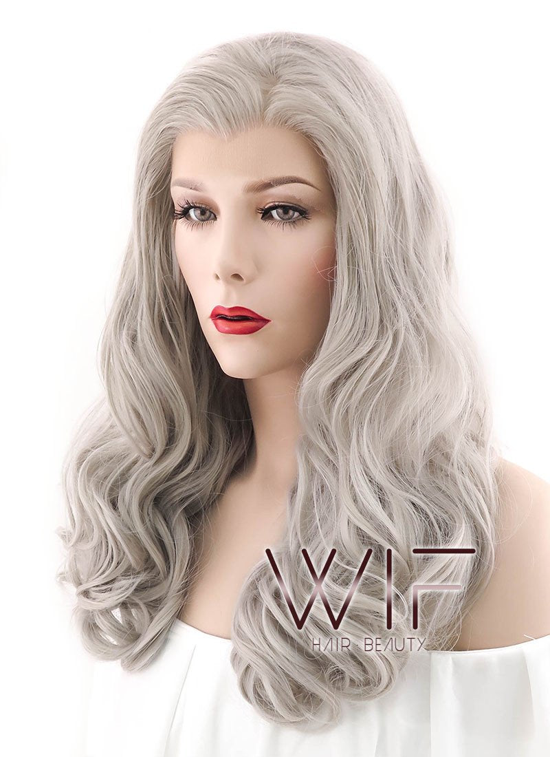 24" Wavy Blondish Grey Lace Front Synthetic Wig LF289