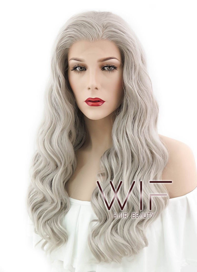 24" Wavy Mixed Grey Lace Front Synthetic Wig LF291