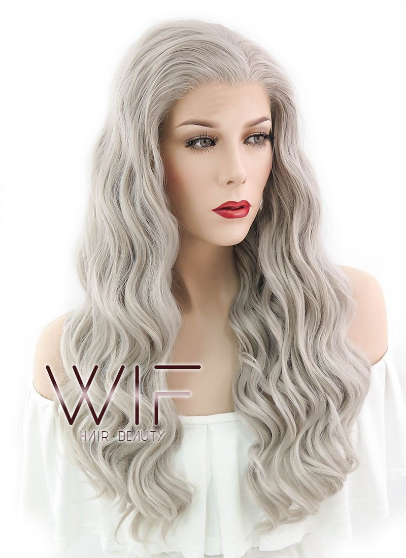 24" Wavy Mixed Grey Lace Front Synthetic Wig LF291