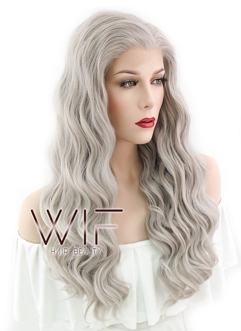 24" Wavy Mixed Grey Lace Front Synthetic Wig LF291