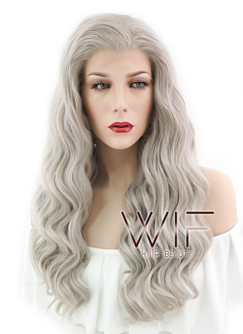 24" Wavy Mixed Grey Lace Front Synthetic Wig LF291