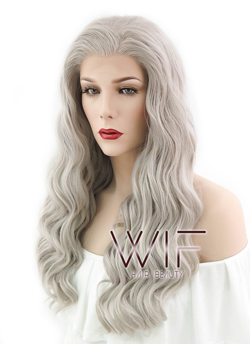 24" Wavy Mixed Grey Lace Front Synthetic Wig LF291