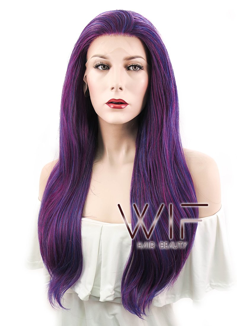 27" Straight Dark Blue Mixed Purple Lace Front Synthetic Wig LF3004