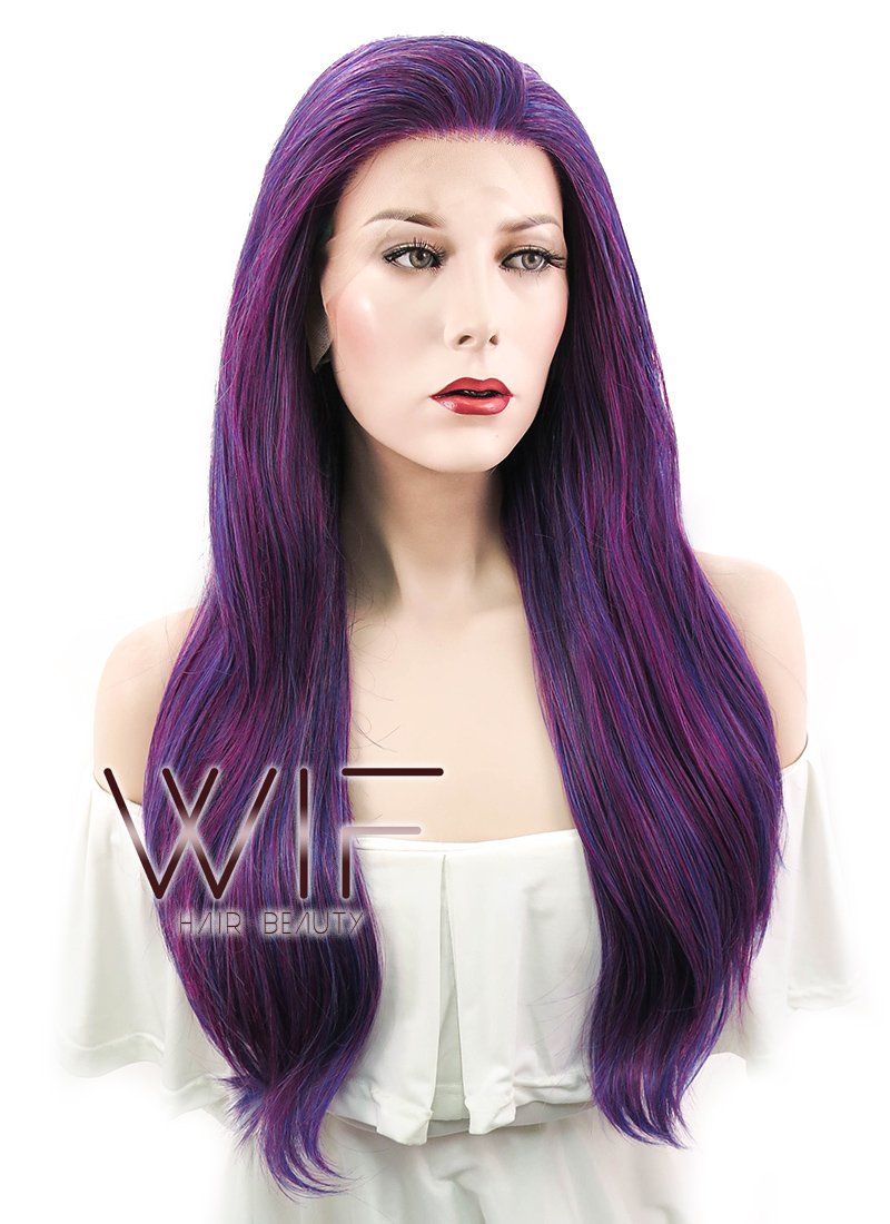 27" Straight Dark Blue Mixed Purple Lace Front Synthetic Wig LF3004