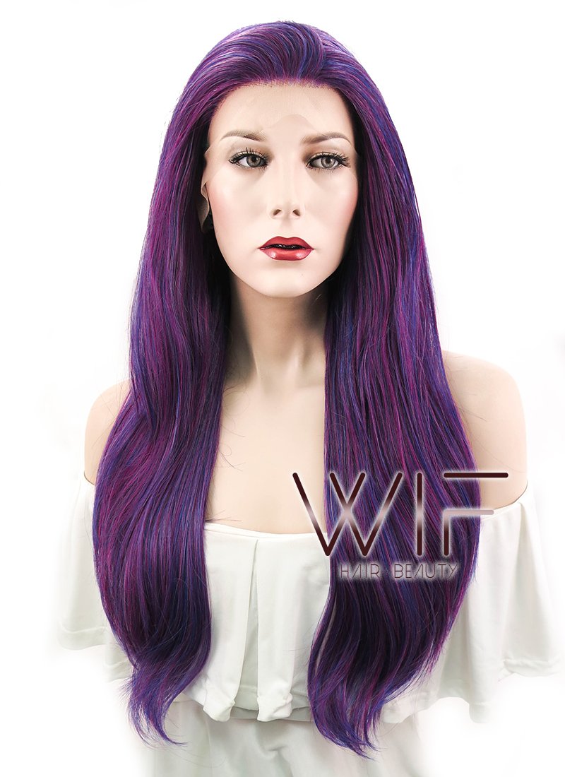 27" Straight Dark Blue Mixed Purple Lace Front Synthetic Wig LF3004