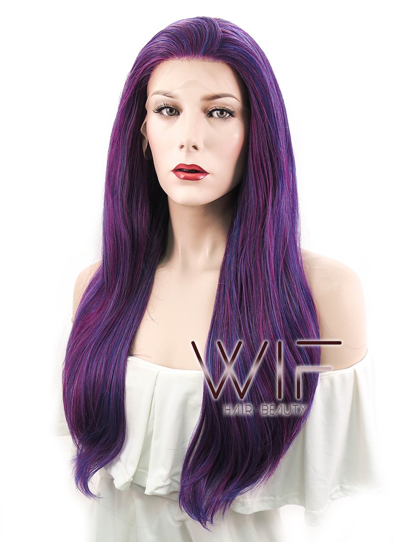 27" Straight Dark Blue Mixed Purple Lace Front Synthetic Wig LF3004