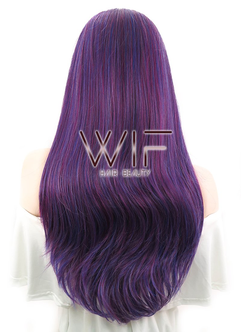 27" Straight Dark Blue Mixed Purple Lace Front Synthetic Wig LF3004
