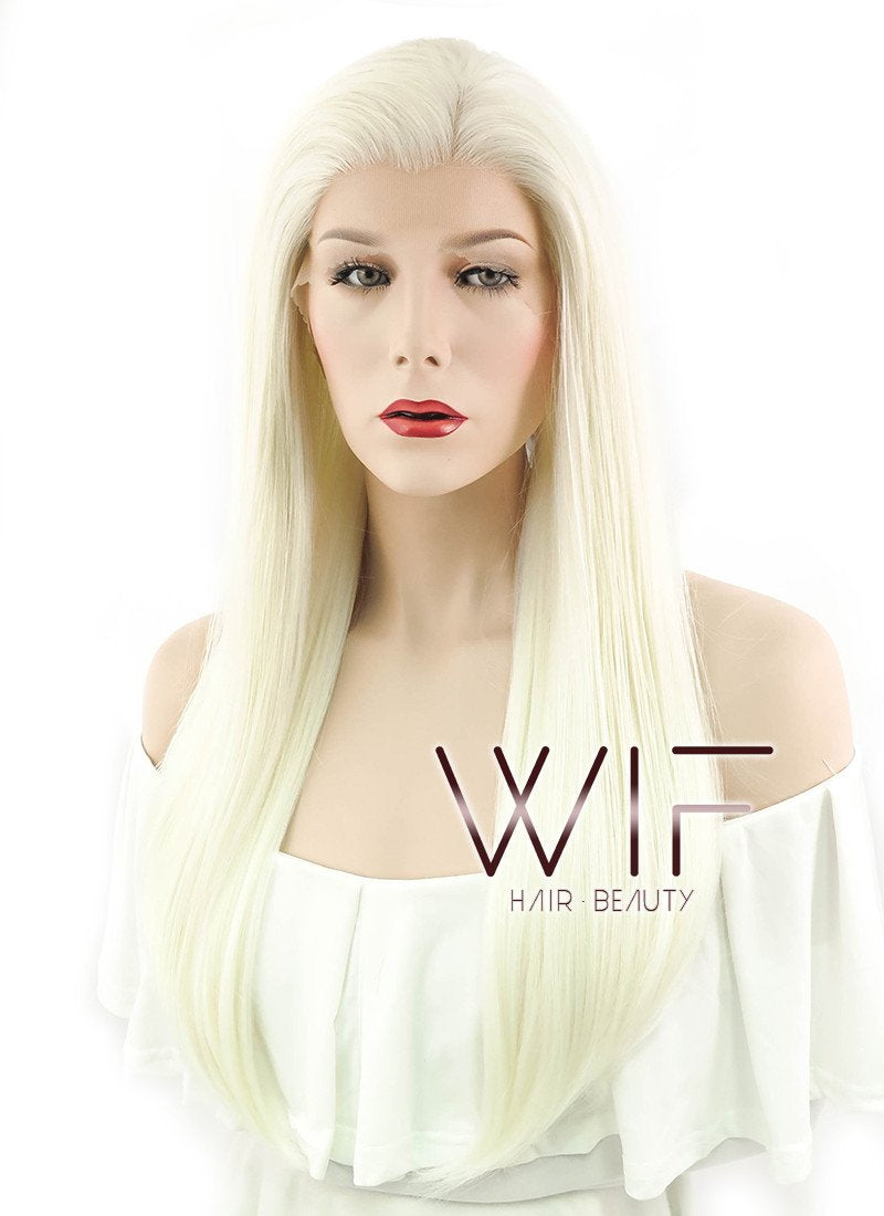 24" Long Straight White Platinum Blonde Lace Front Synthetic Hair Wig LF330
