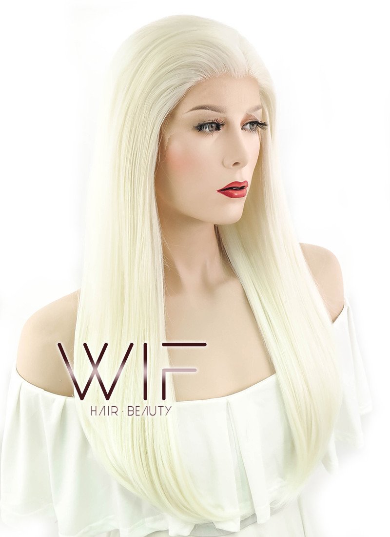 24" Long Straight White Platinum Blonde Lace Front Synthetic Hair Wig LF330