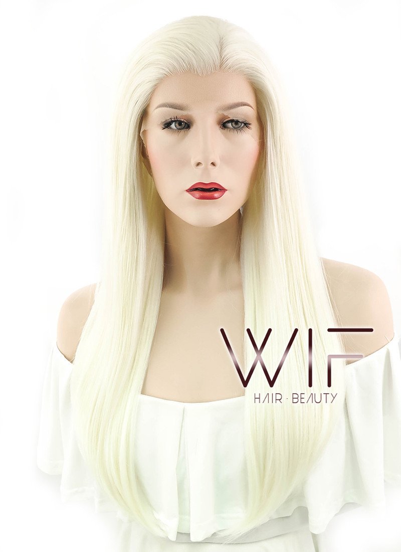 24" Long Straight White Platinum Blonde Lace Front Synthetic Hair Wig LF330
