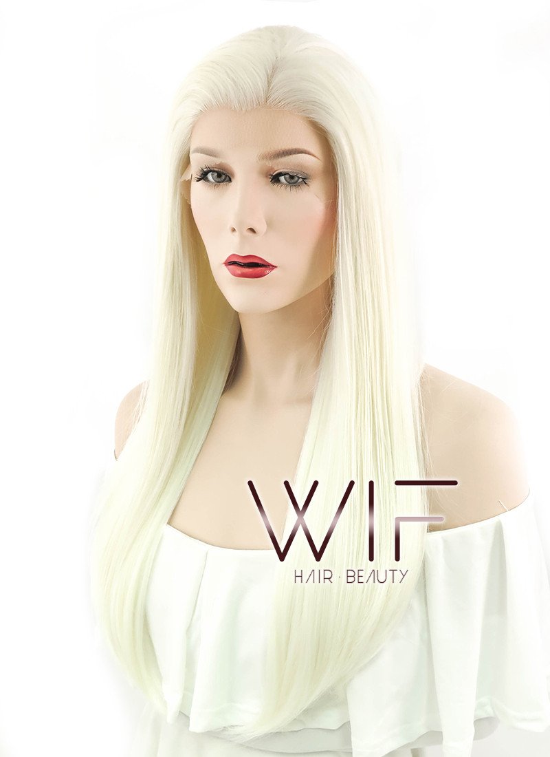 24" Long Straight White Platinum Blonde Lace Front Synthetic Hair Wig LF330