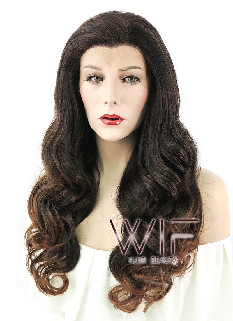 24" Long Curly 2 Tone Brown Lace Front Synthetic Hair Wig LF361