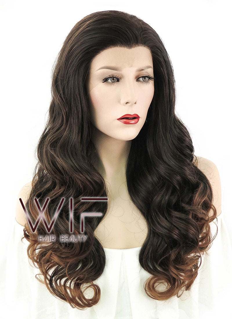 24" Long Curly 2 Tone Brown Lace Front Synthetic Hair Wig LF361