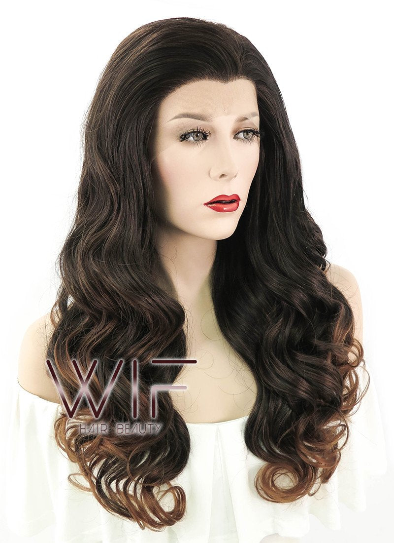 24" Long Curly 2 Tone Brown Lace Front Synthetic Hair Wig LF361
