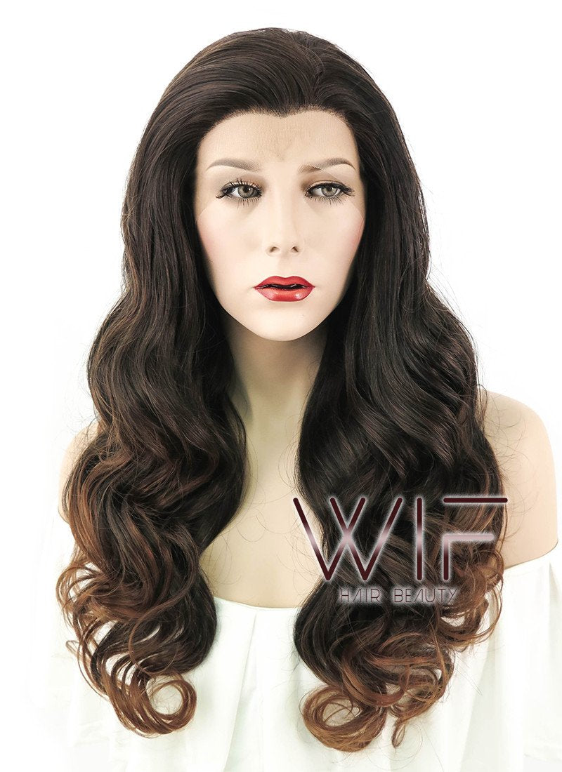 24" Long Curly 2 Tone Brown Lace Front Synthetic Hair Wig LF361