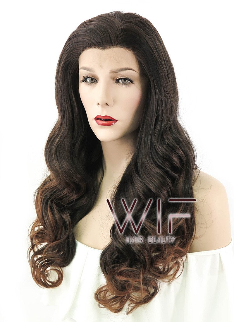 24" Long Curly 2 Tone Brown Lace Front Synthetic Hair Wig LF361