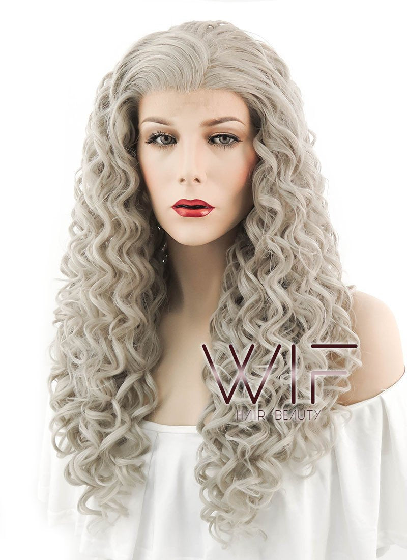 26" Spiral Curly Mixed Grey Lace Front Synthetic Wig LF374
