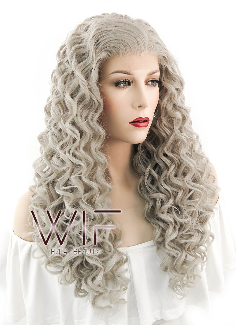 26" Spiral Curly Mixed Grey Lace Front Synthetic Wig LF374