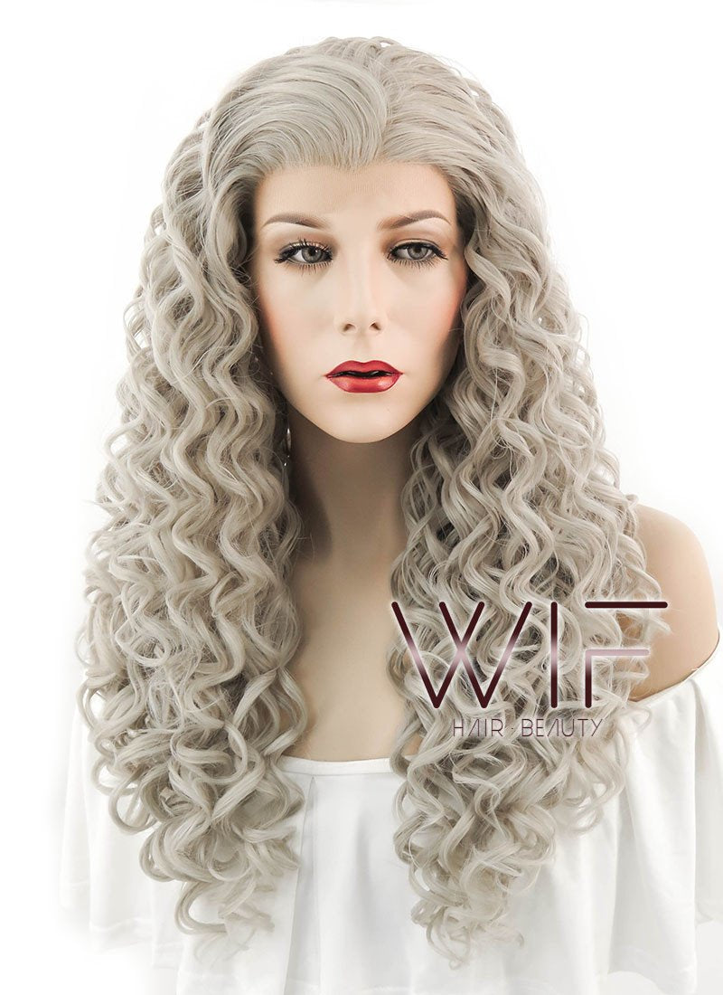 26" Spiral Curly Mixed Grey Lace Front Synthetic Wig LF374