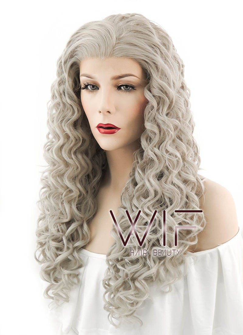 26" Spiral Curly Mixed Grey Lace Front Synthetic Wig LF374