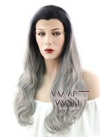 24" Wavy Grey With Dark Roots Lace Front Synthetic Wig LF382
