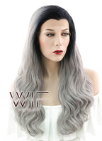 24" Wavy Grey With Dark Roots Lace Front Synthetic Wig LF382