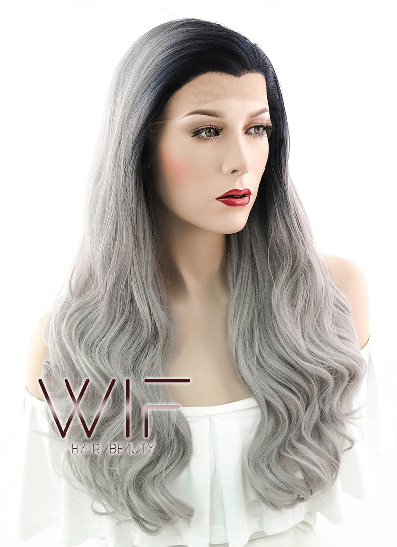 24" Wavy Grey With Dark Roots Lace Front Synthetic Wig LF382