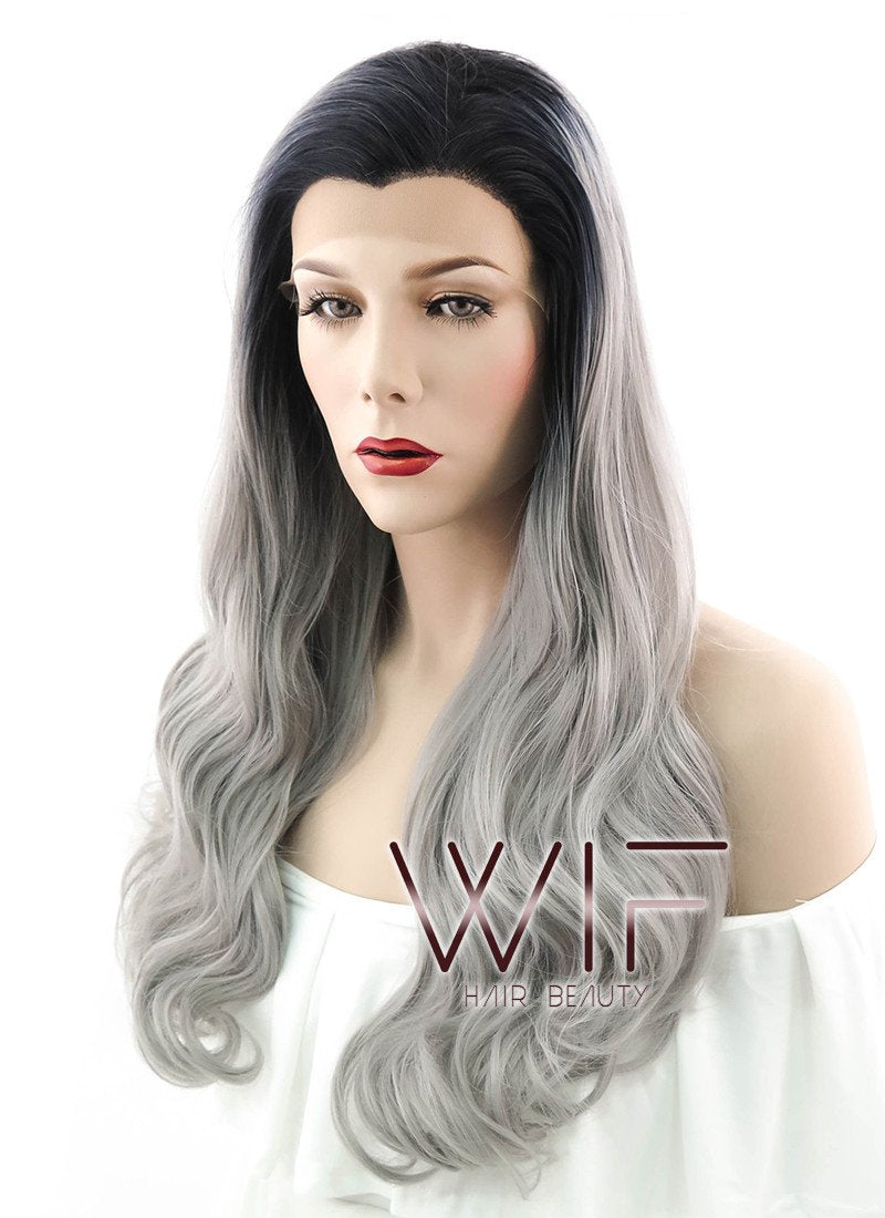 24" Wavy Grey With Dark Roots Lace Front Synthetic Wig LF382