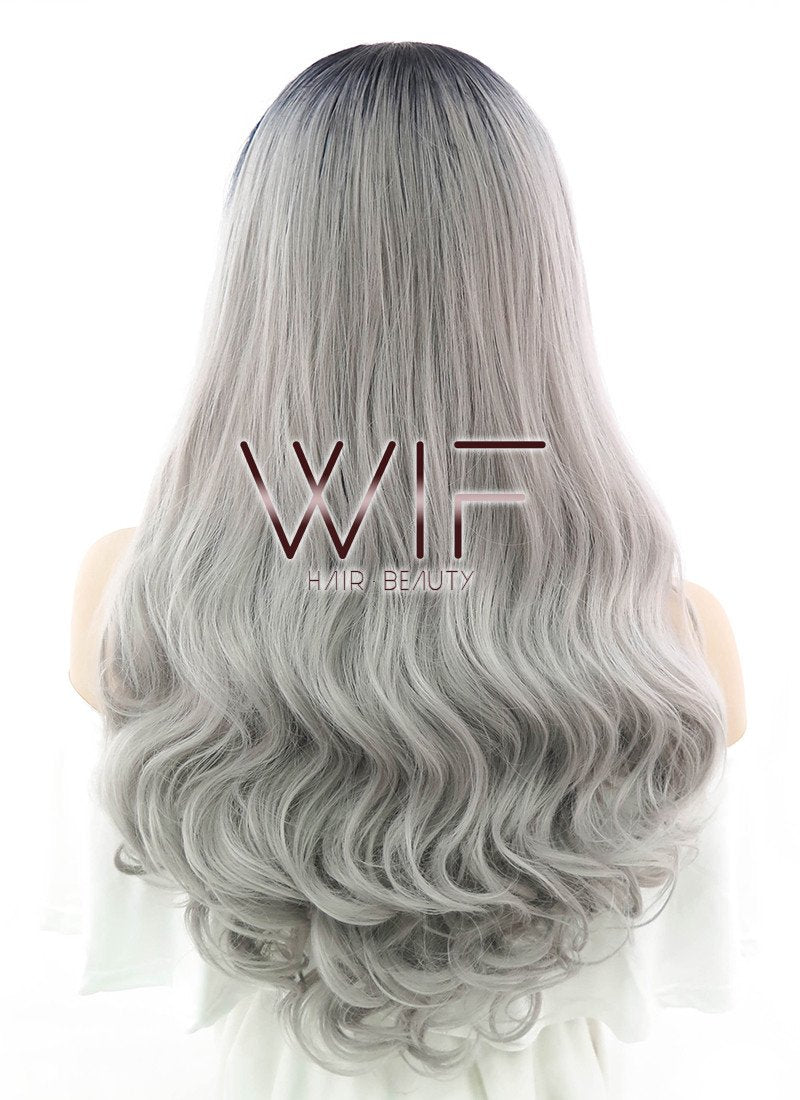 24" Wavy Grey With Dark Roots Lace Front Synthetic Wig LF382