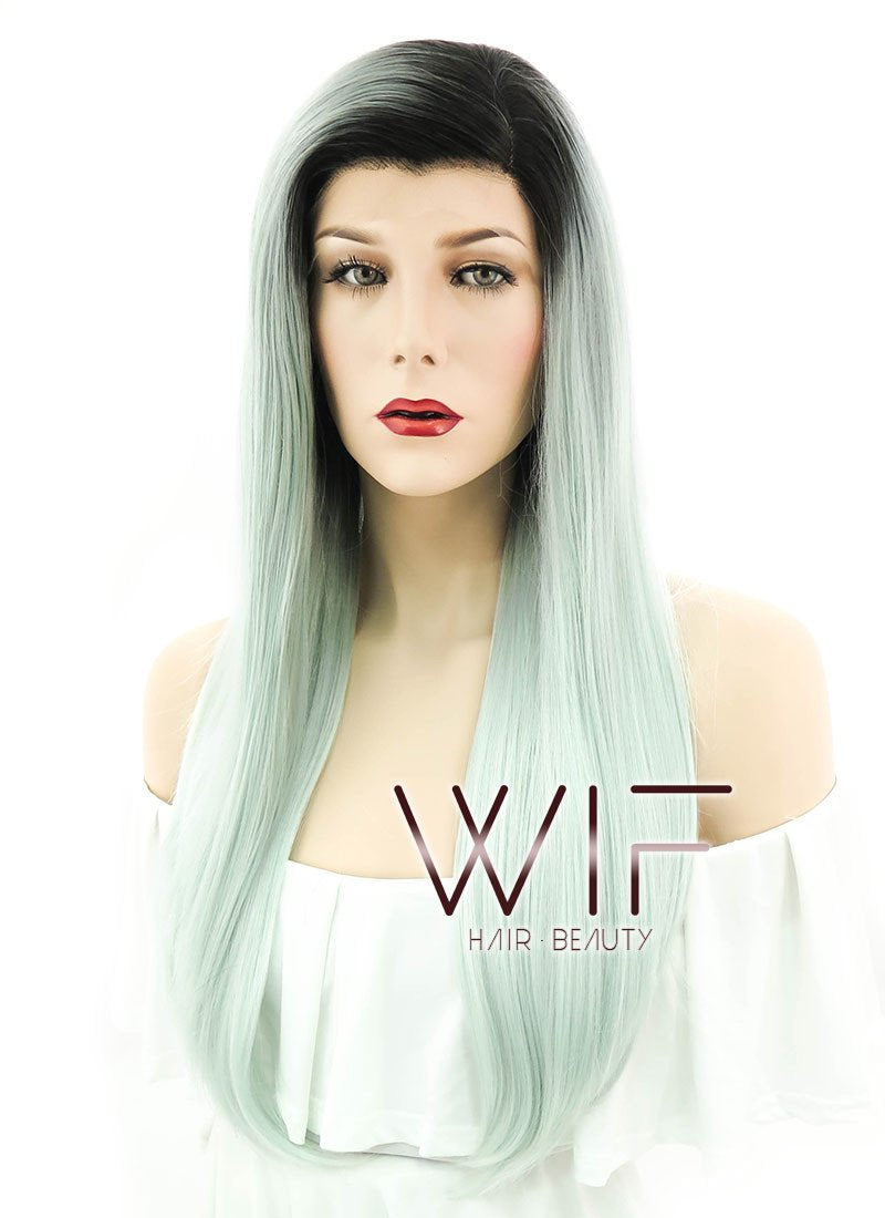 24" Straight Light Green With Dark Roots Lace Front Synthetic Wig LF390