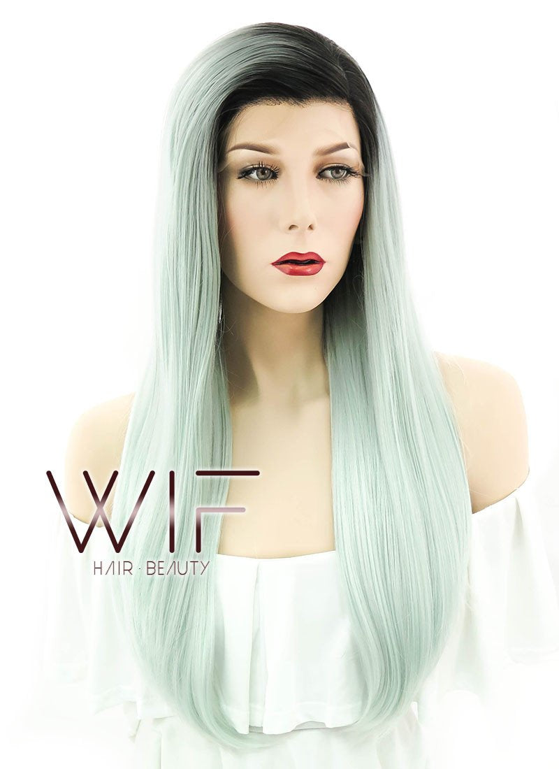 24" Straight Light Green With Dark Roots Lace Front Synthetic Wig LF390
