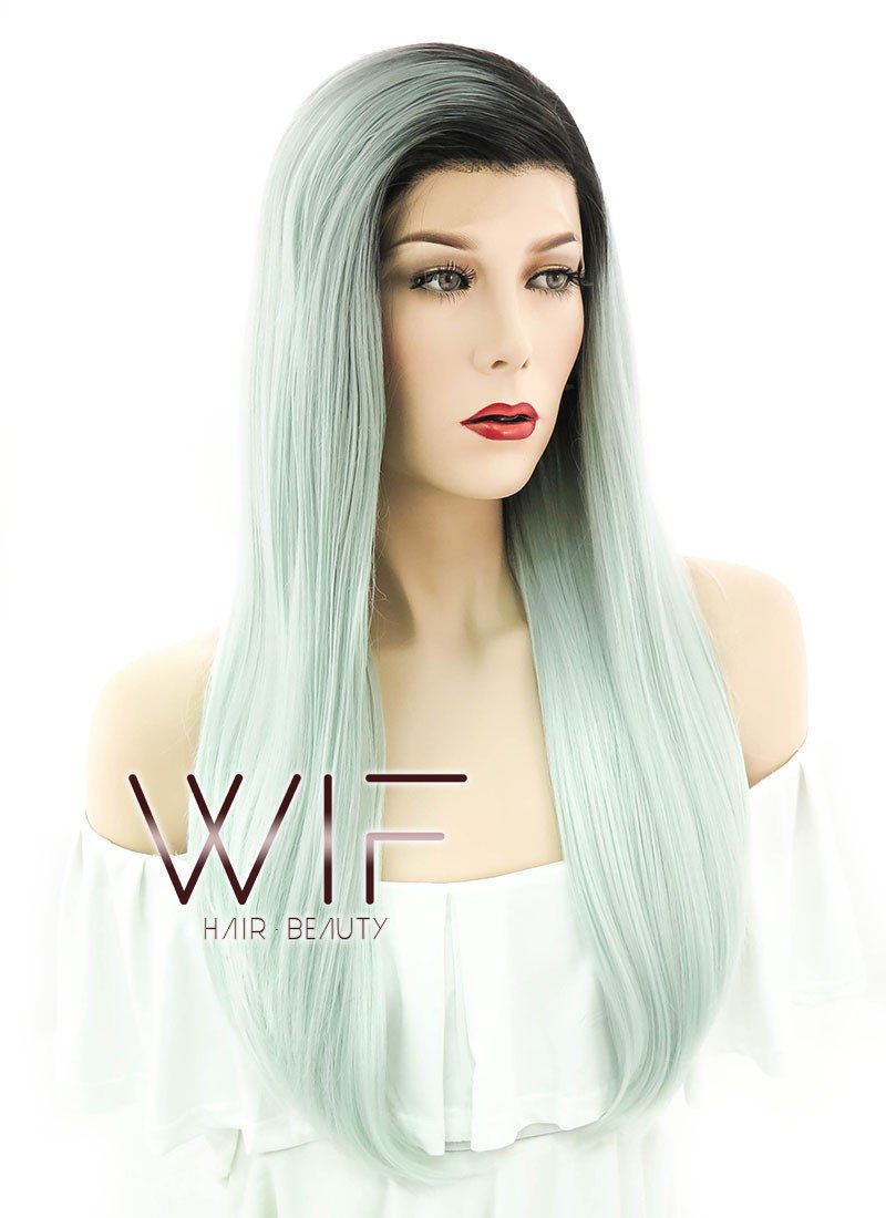 24" Straight Light Green With Dark Roots Lace Front Synthetic Wig LF390