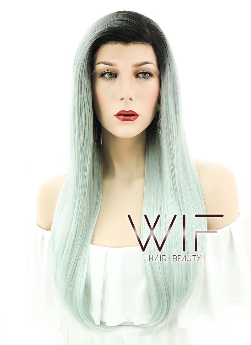 24" Straight Light Green With Dark Roots Lace Front Synthetic Wig LF390